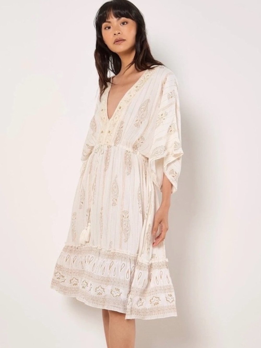 Sz M Apricot Cream Gold Foil Tassel Embroidered Sequin V-Neck Boho Midi Dress - Picture 1 of 10